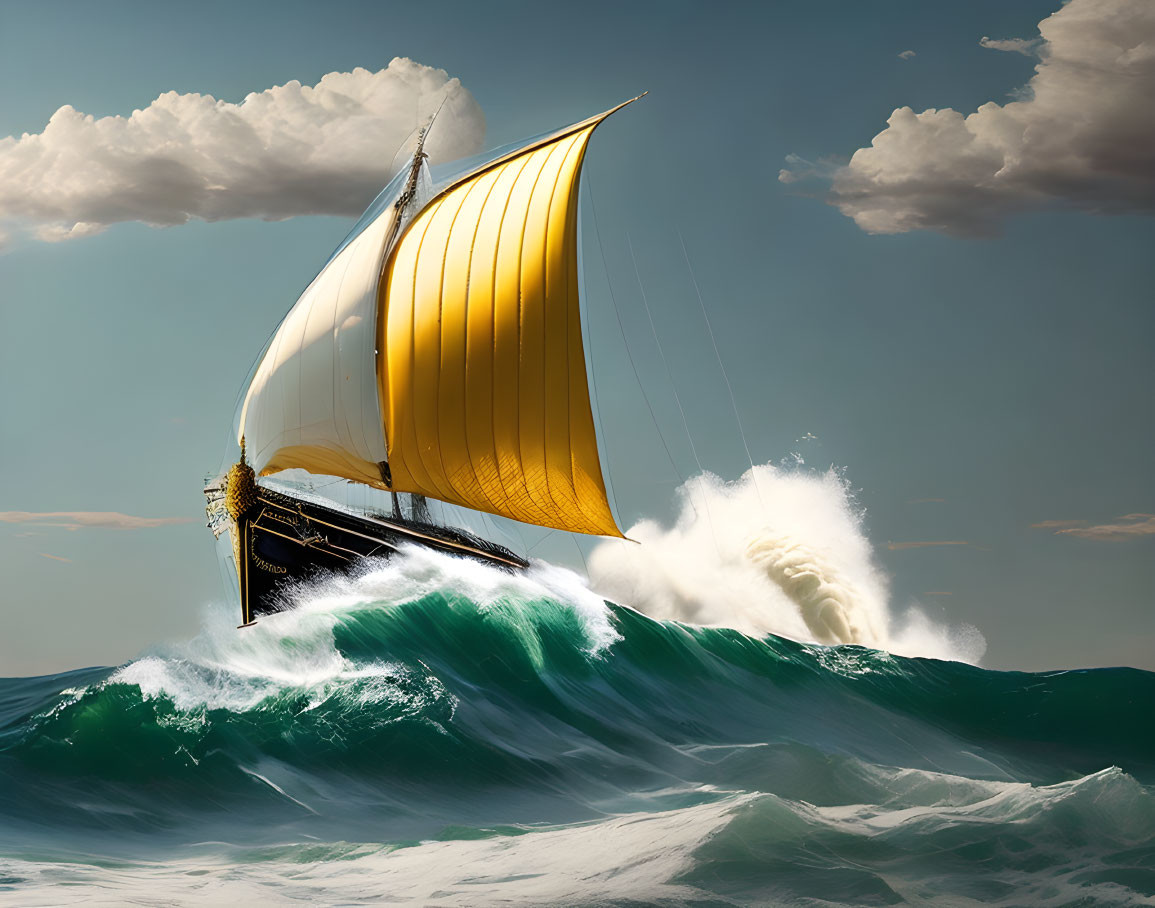 Golden sailboat navigating towering green waves under dramatic sky