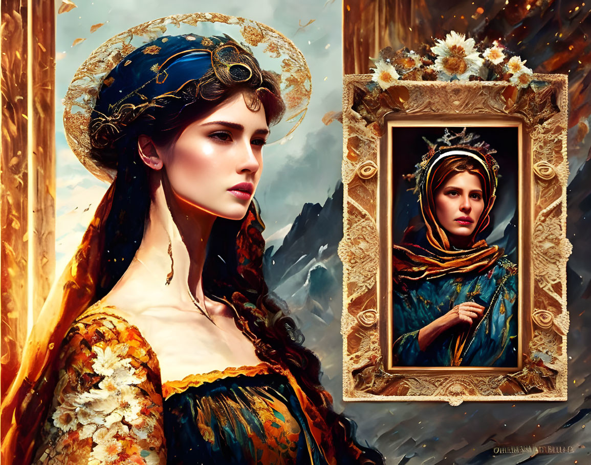 Regal women portraits in ornate attire against autumn backdrop