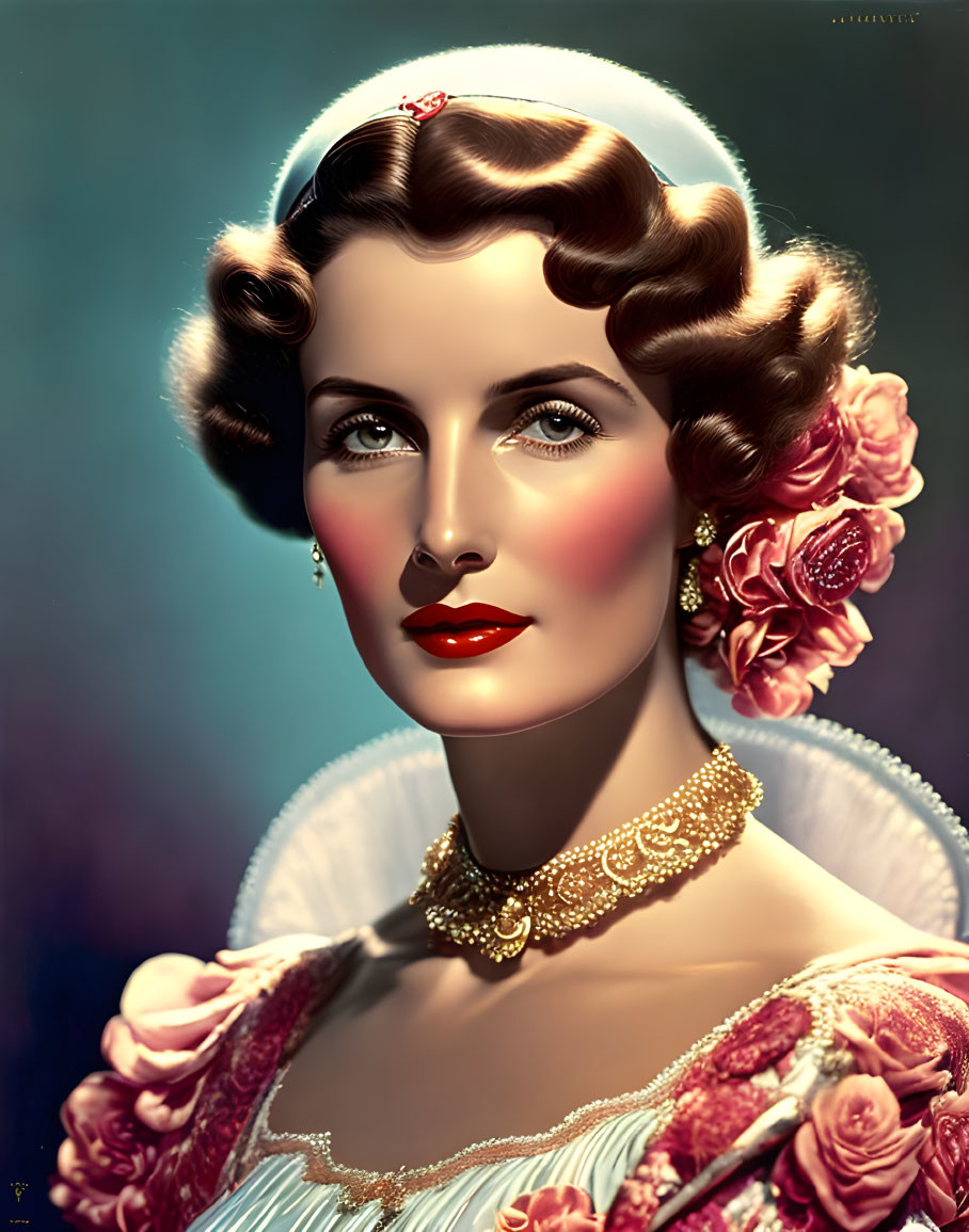 Vintage Portrait of Woman with Styled Hair and Red Lipstick