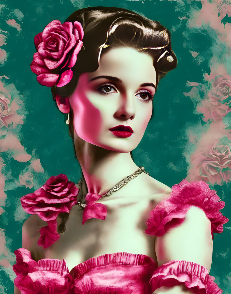 Vintage Portrait of Woman with Pink Rose in Hair on Teal Floral Background