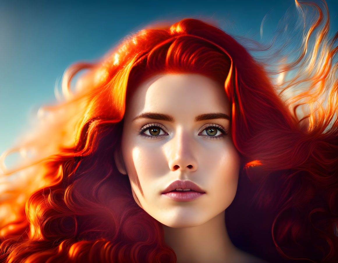 Portrait of woman with red hair and blue eyes against blue sky