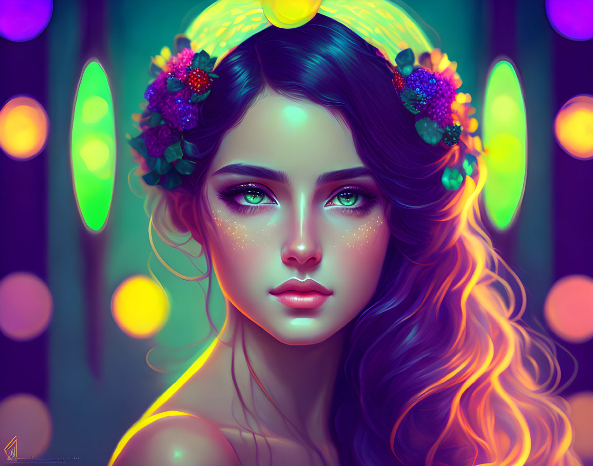 Woman with Glowing Green Eyes and Floral Headpiece in Vibrant Bokeh Lights