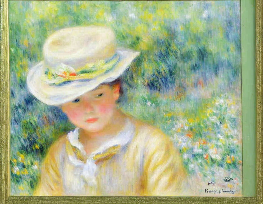Child in Straw Hat Surrounded by Impressionist Green and Yellow Tones
