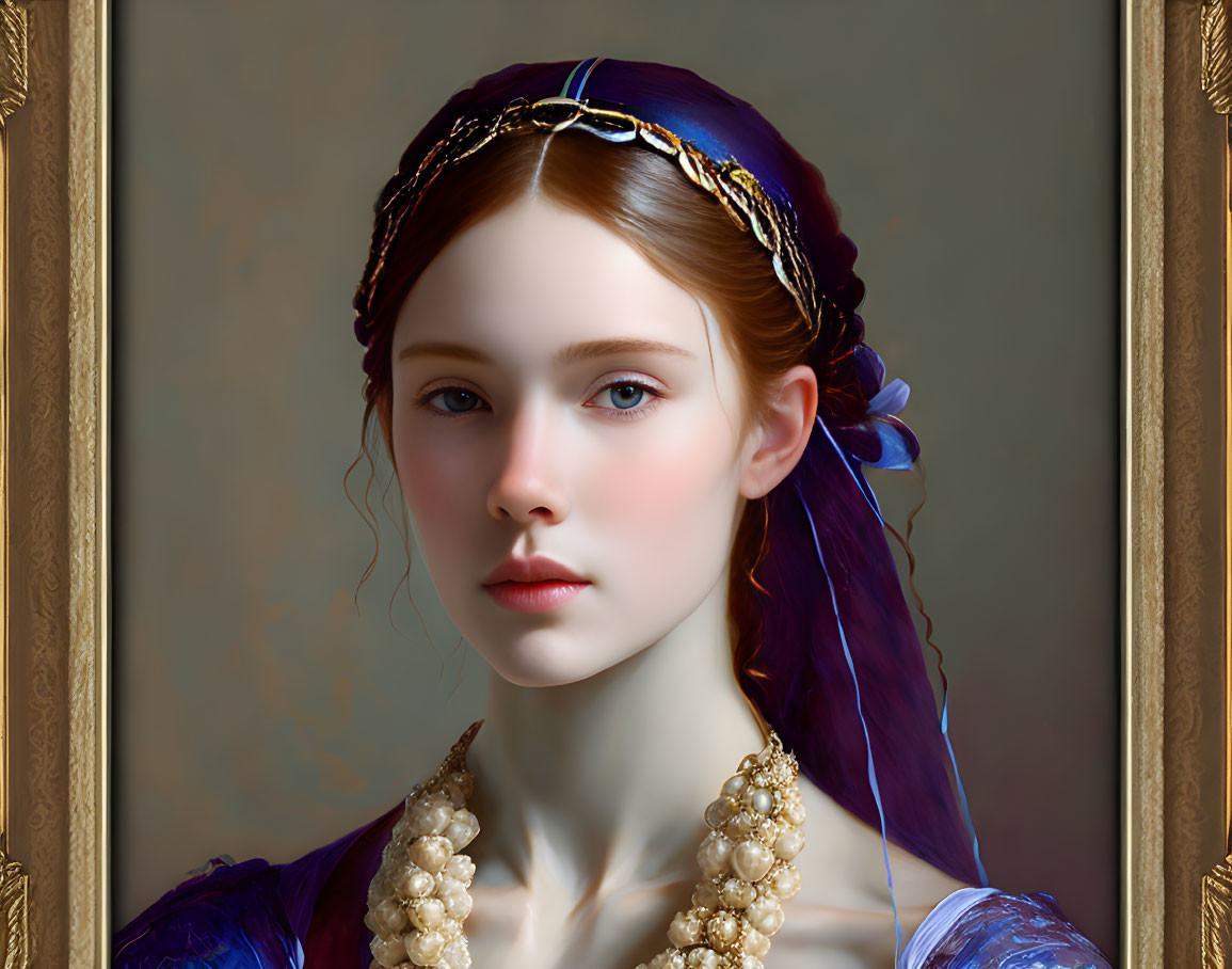 Portrait of young woman with fair skin, blue eyes, blue headscarf, gold jewelry, pearl