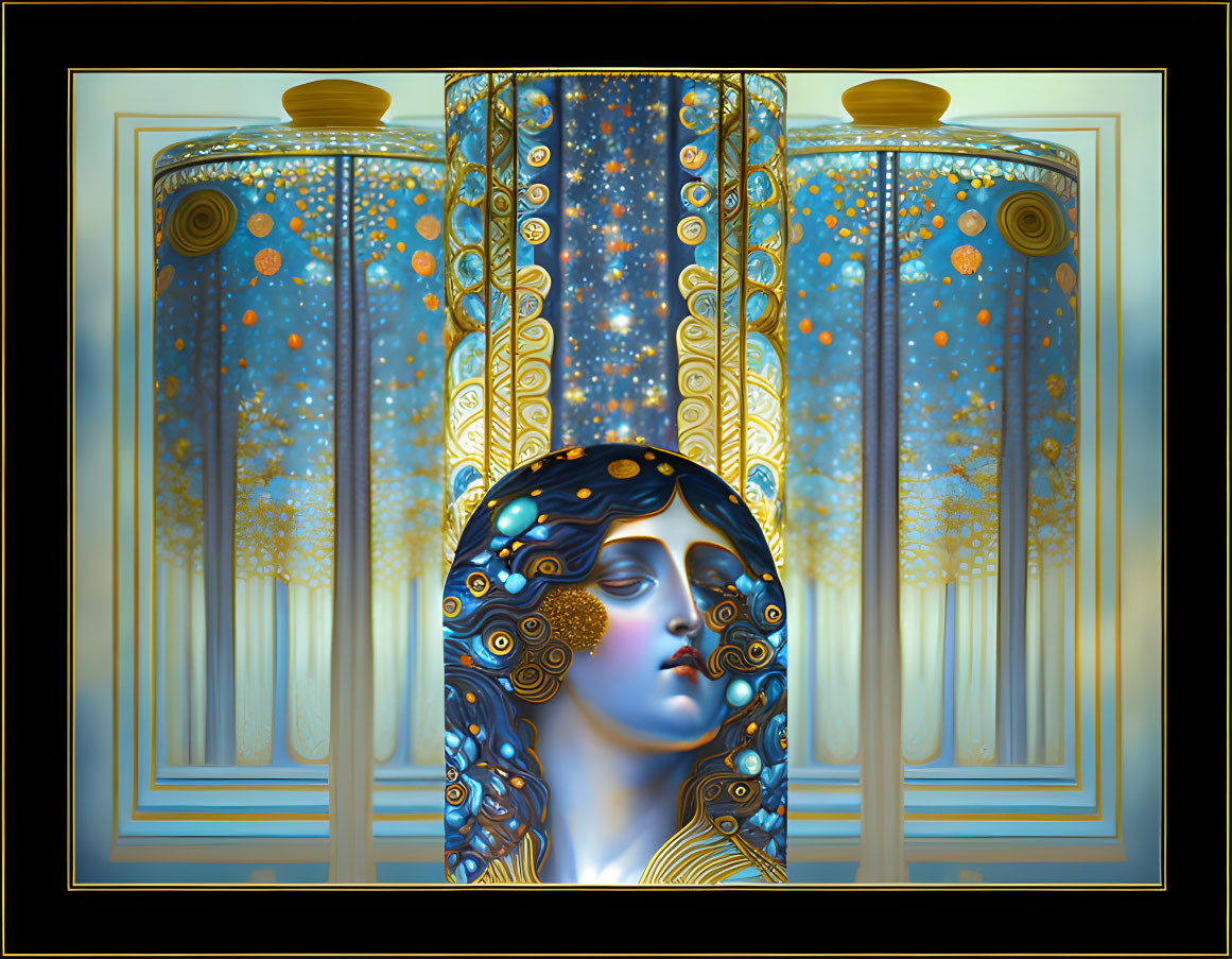 Woman portrait with Art Nouveau design and architectural elements in gold, blue, and cream.