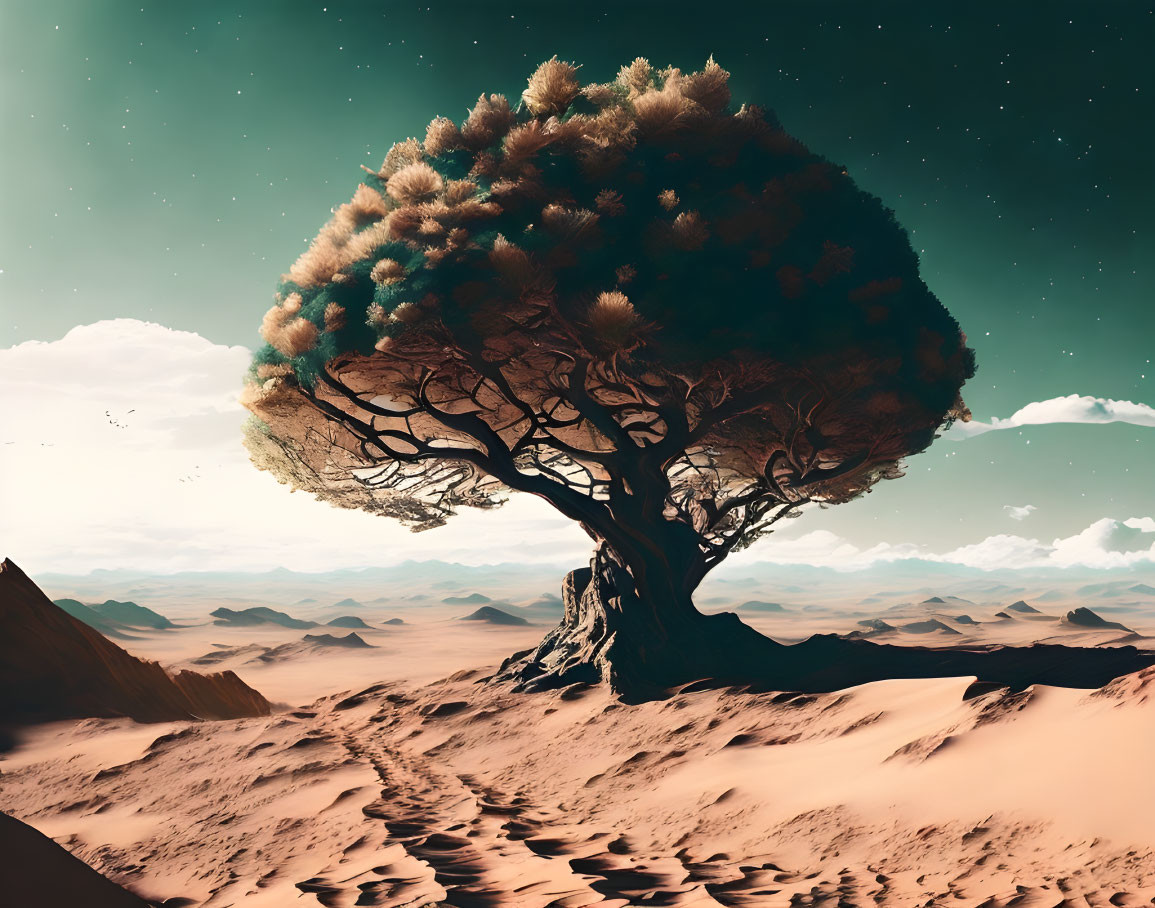 Surreal landscape: massive tree in barren desert under starry sky