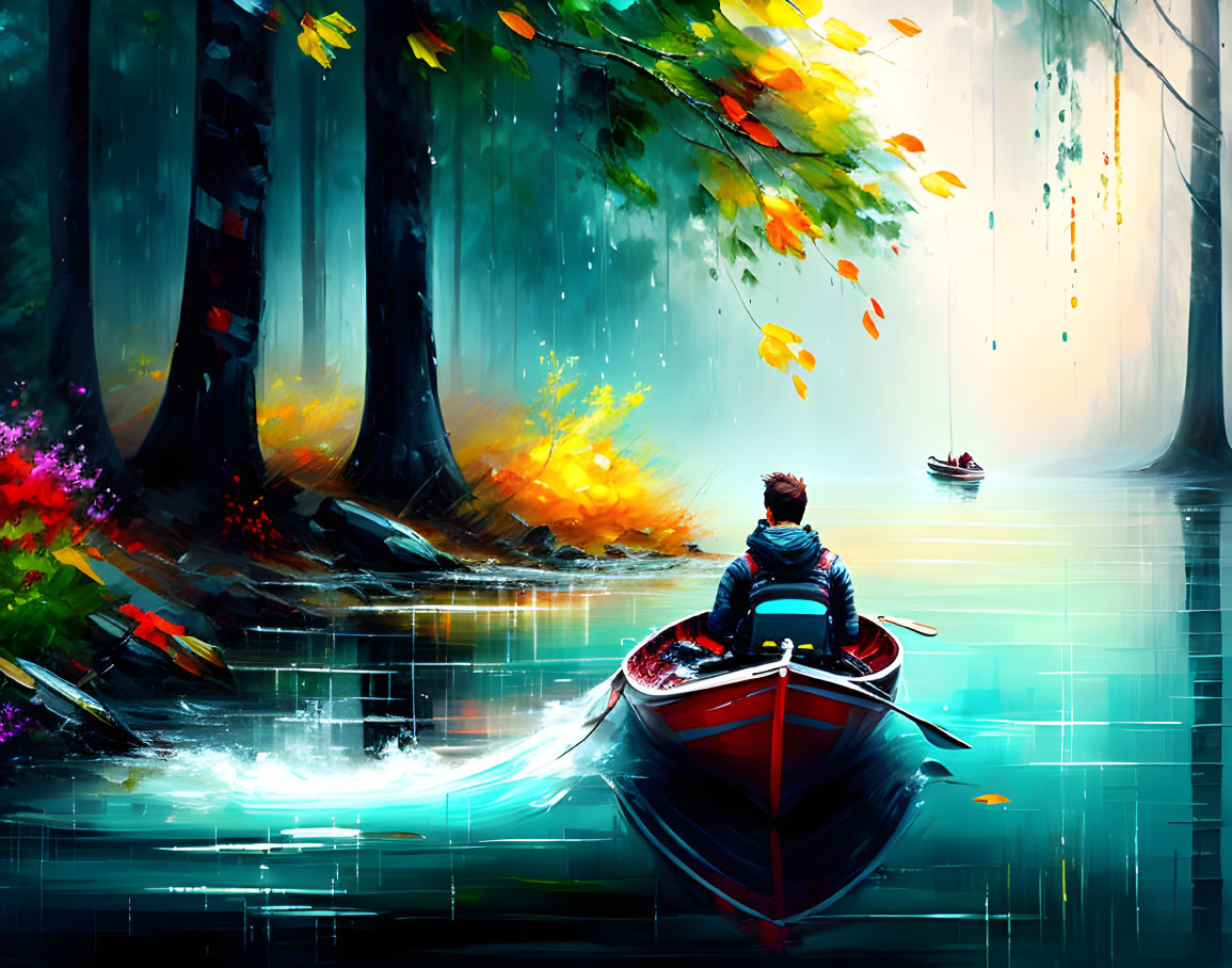 Red boat rowed in surreal forest with vibrant foliage and reflective water