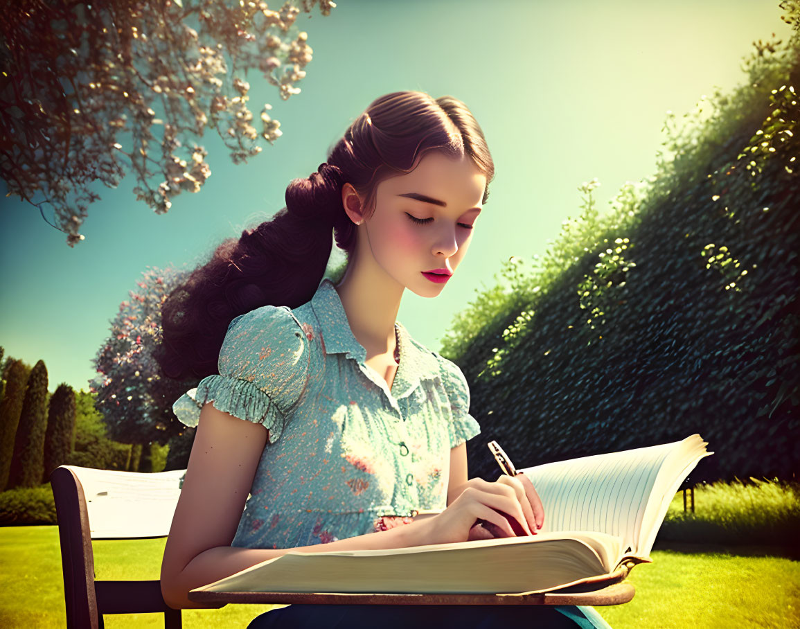 Illustration of young woman writing in garden setting