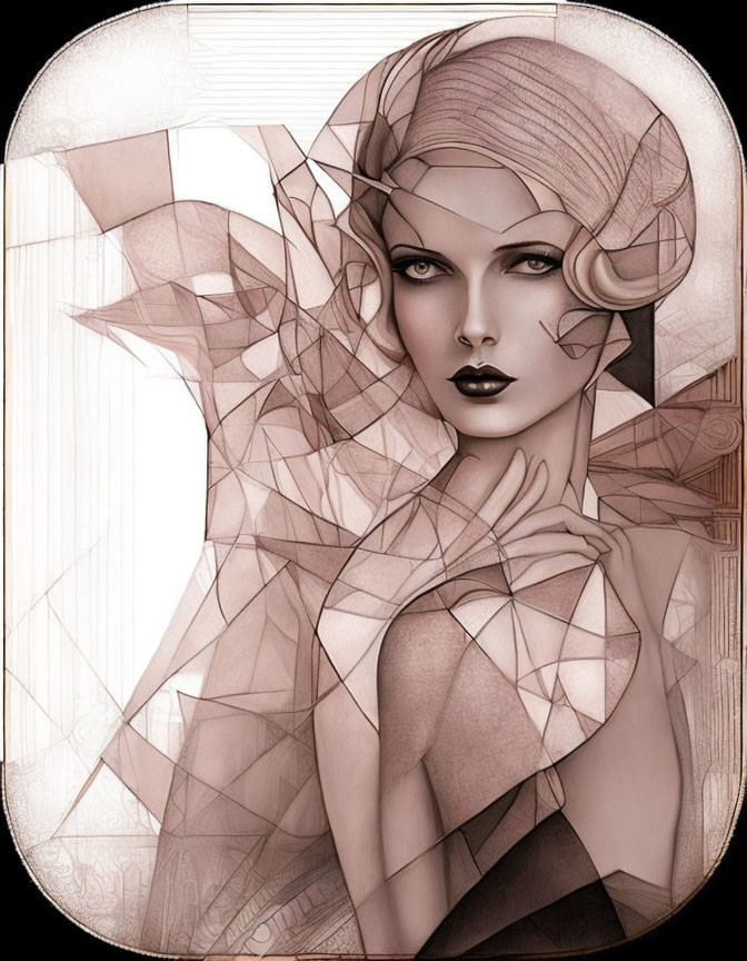 Stylized woman portrait with geometric shapes and art deco aesthetic