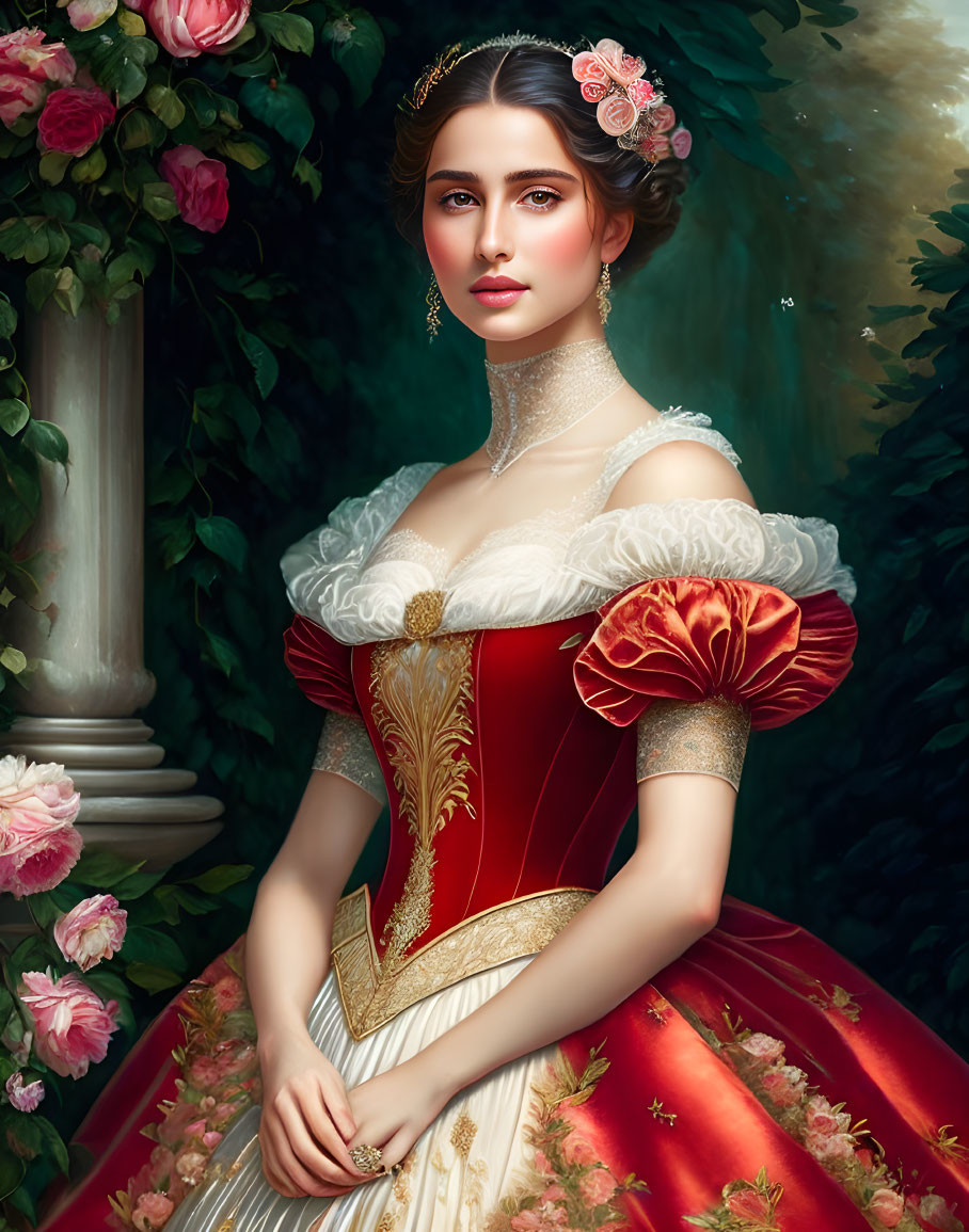 Victorian woman portrait in gold-embroidered dress near rose bush