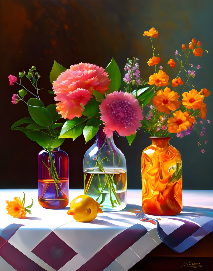 Colorful Flower Still Life Painting with Glass Vases on Table