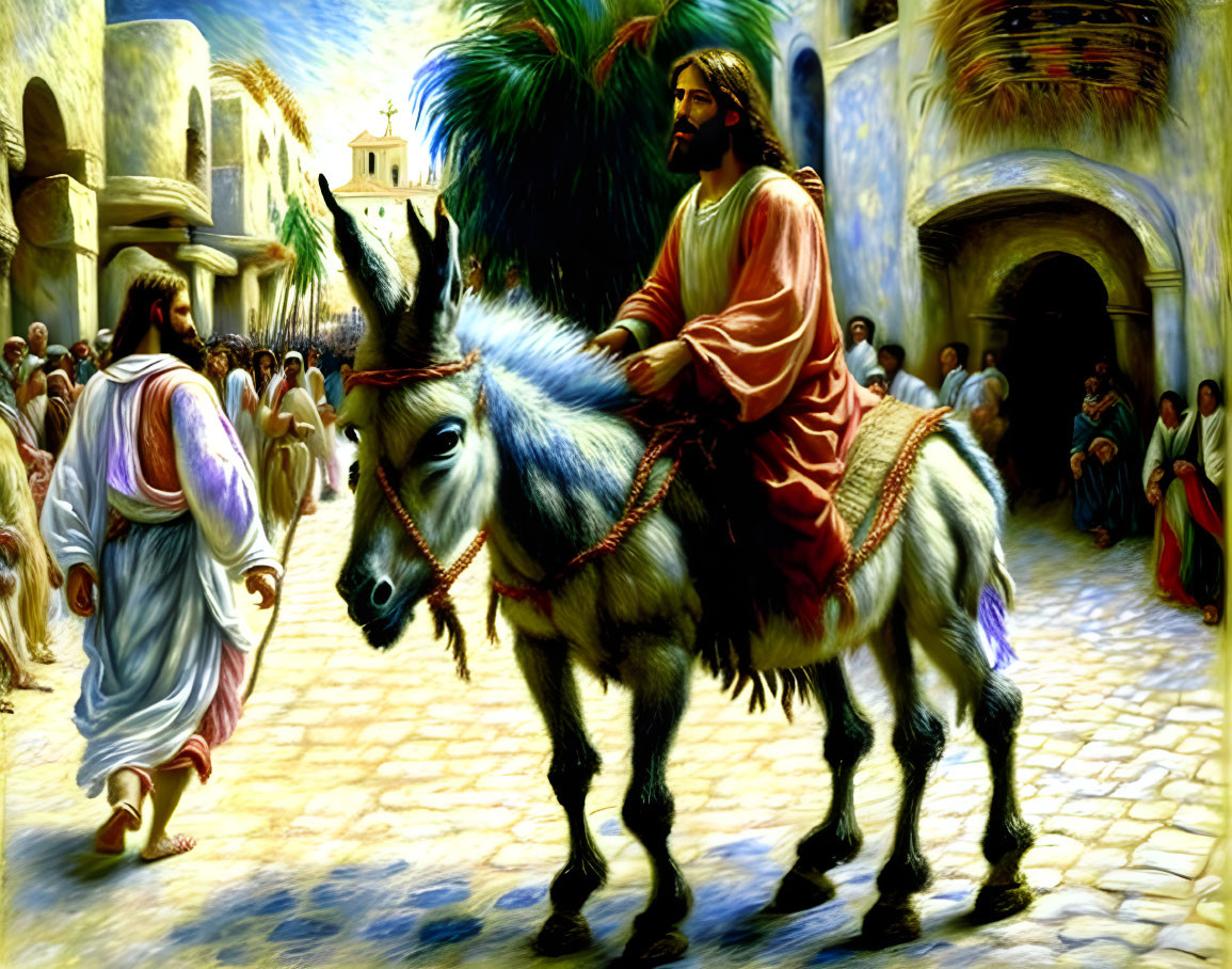 Man in historical clothing riding donkey in ancient Middle Eastern street with palm fronds.