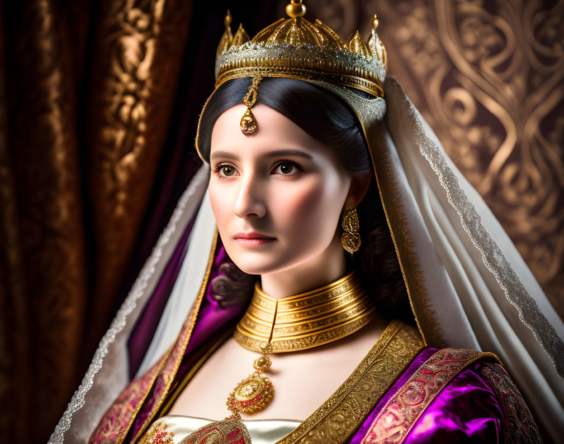 Regal woman in royal attire with crown and golden jewelry gazes to the side