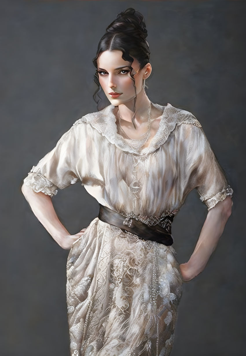 Sophisticated woman in vintage cream blouse and ornate skirt