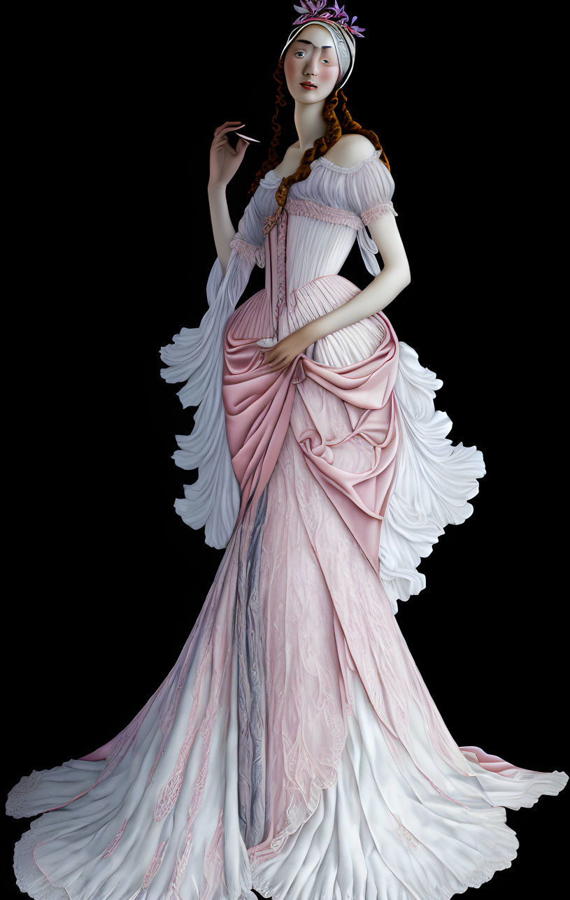 Detailed 3D rendering of woman in white and pink classical dress against black background