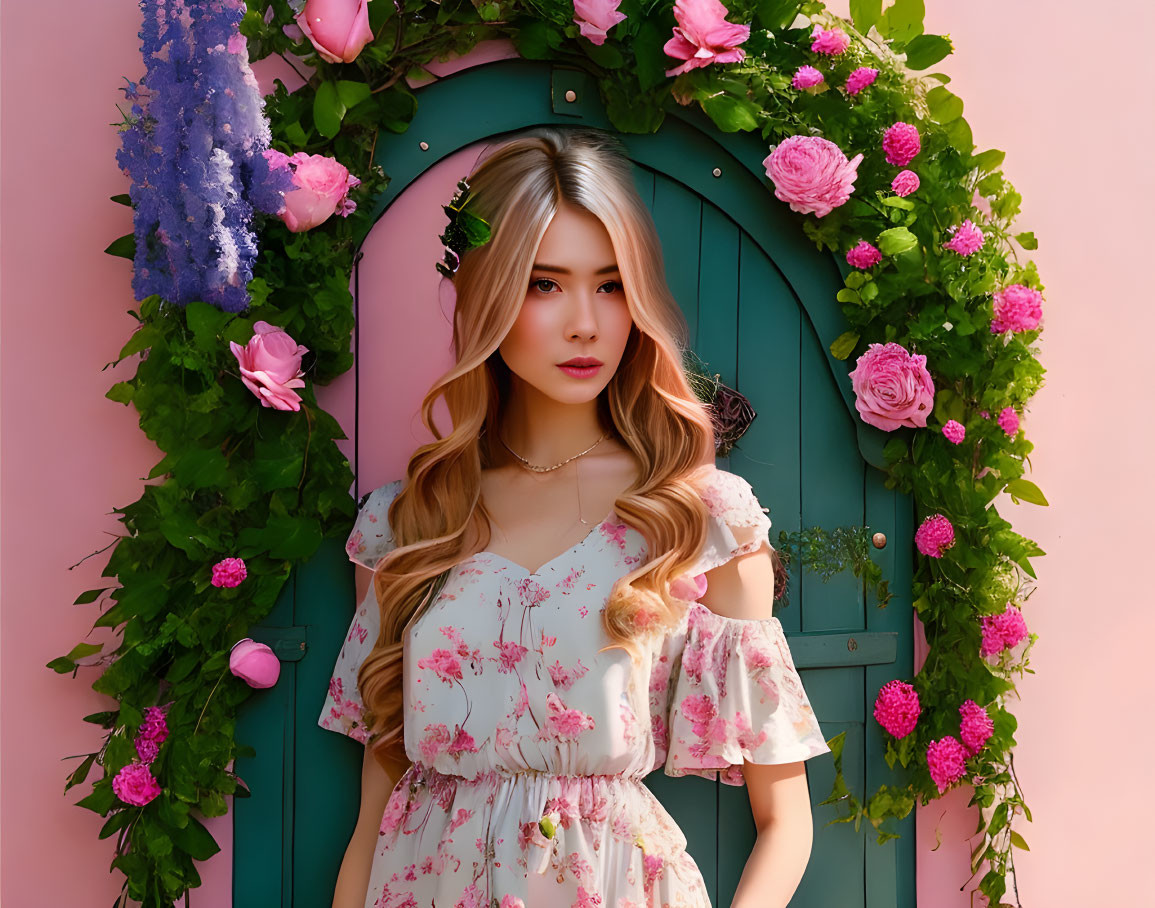 Blonde woman by turquoise door with pink roses