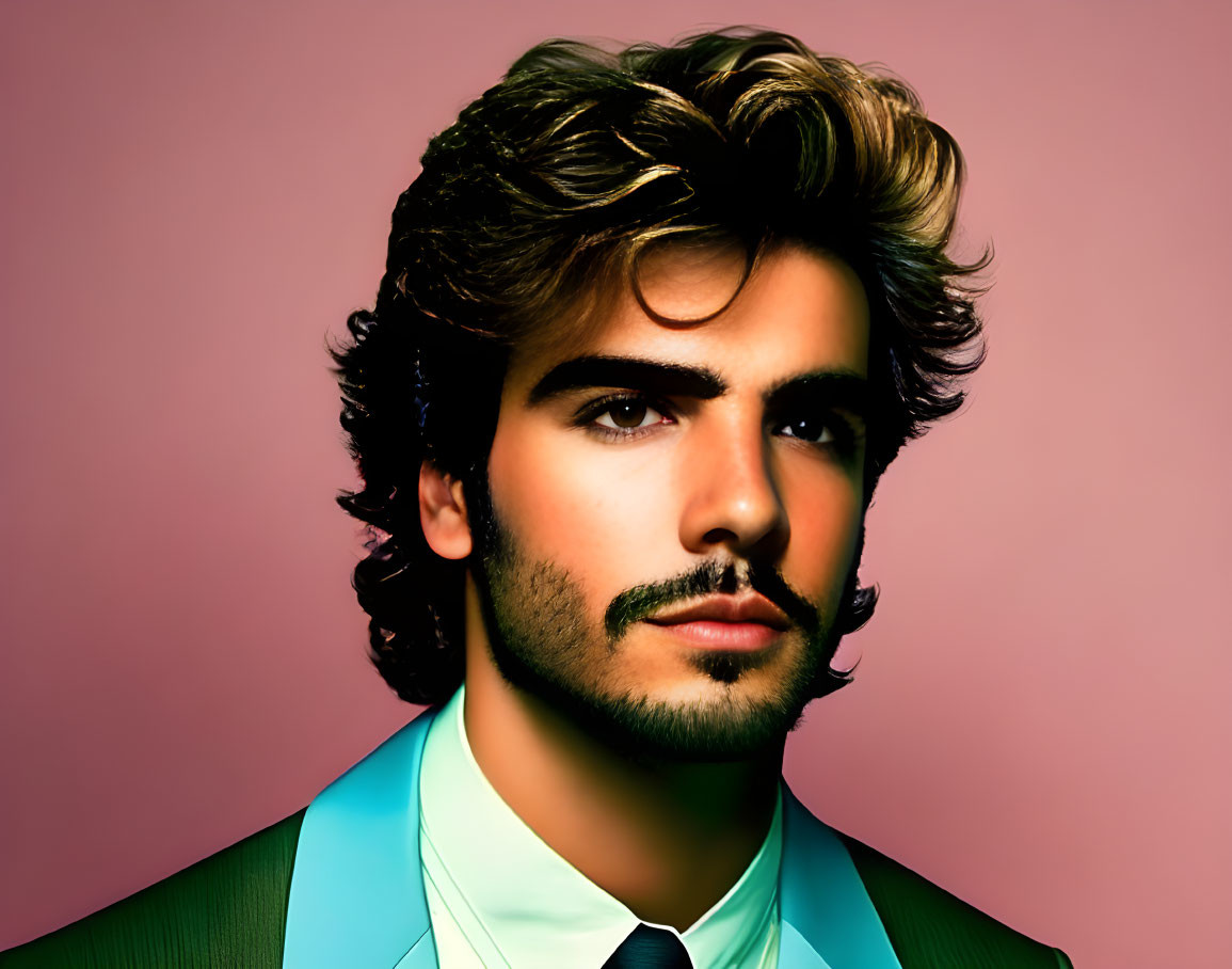 Man with Wavy Hair, Beard, Mustache in Suit & Tie on Pink Background