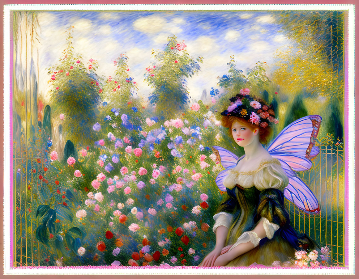 Whimsical fairy with delicate wings in blooming garden