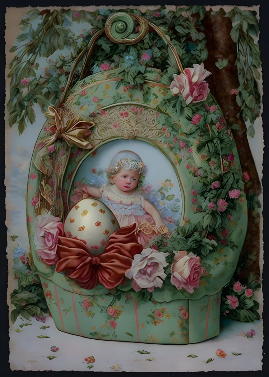 Porcelain Easter basket with vintage baby face and floral motifs