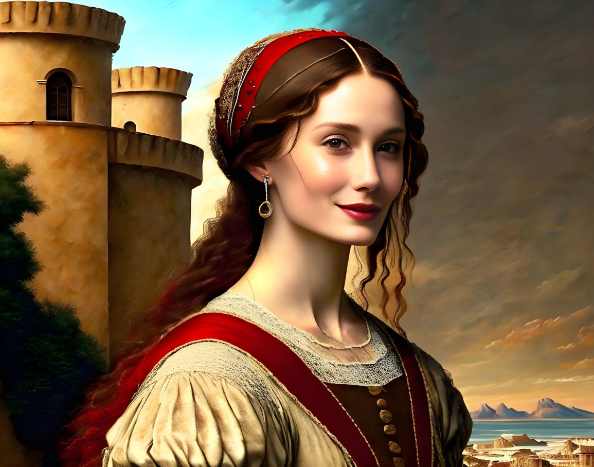 Smiling woman in medieval attire with headband in front of castle tower and coastal landscape