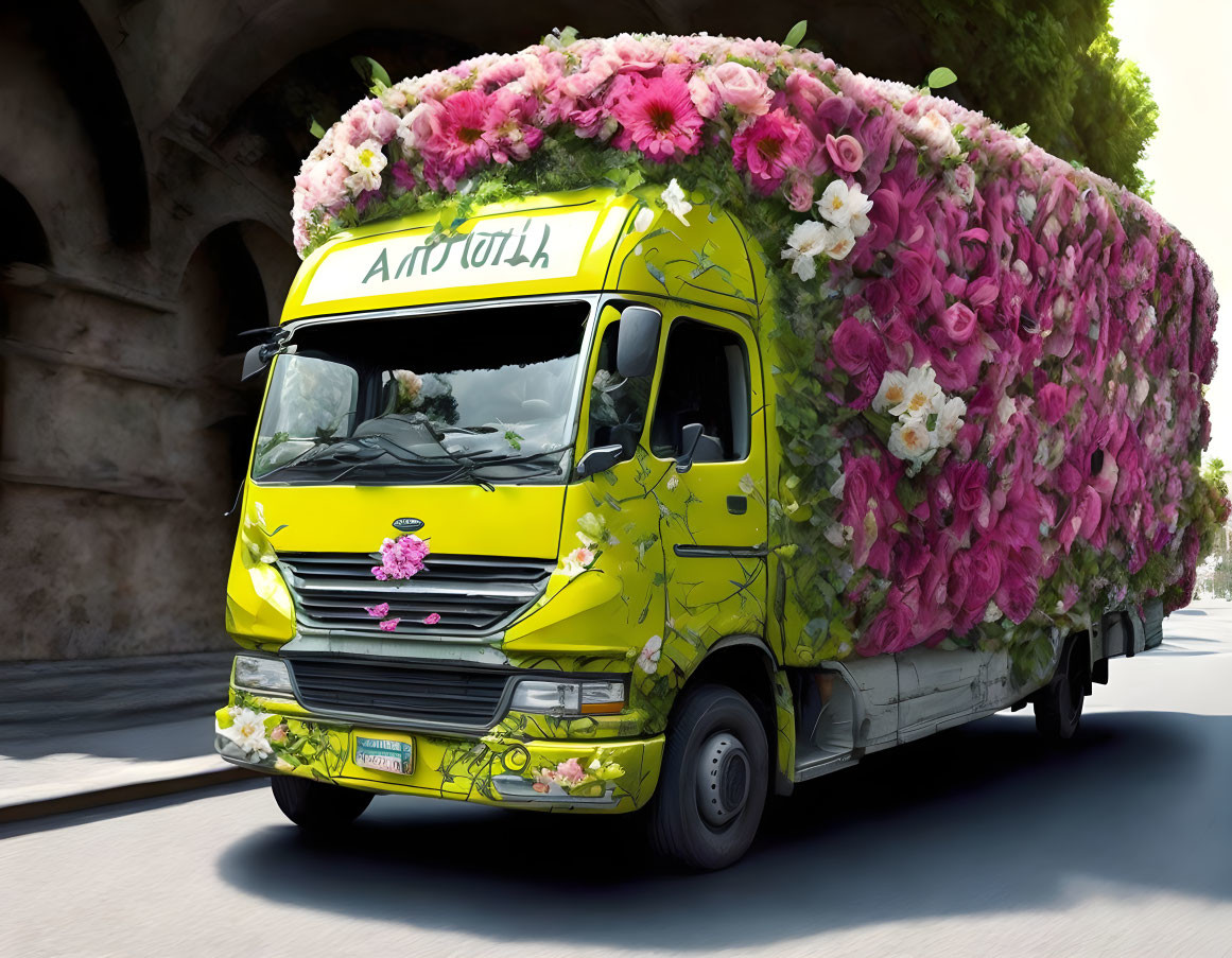 Yellow truck with pink flowers and "Amor" written on front