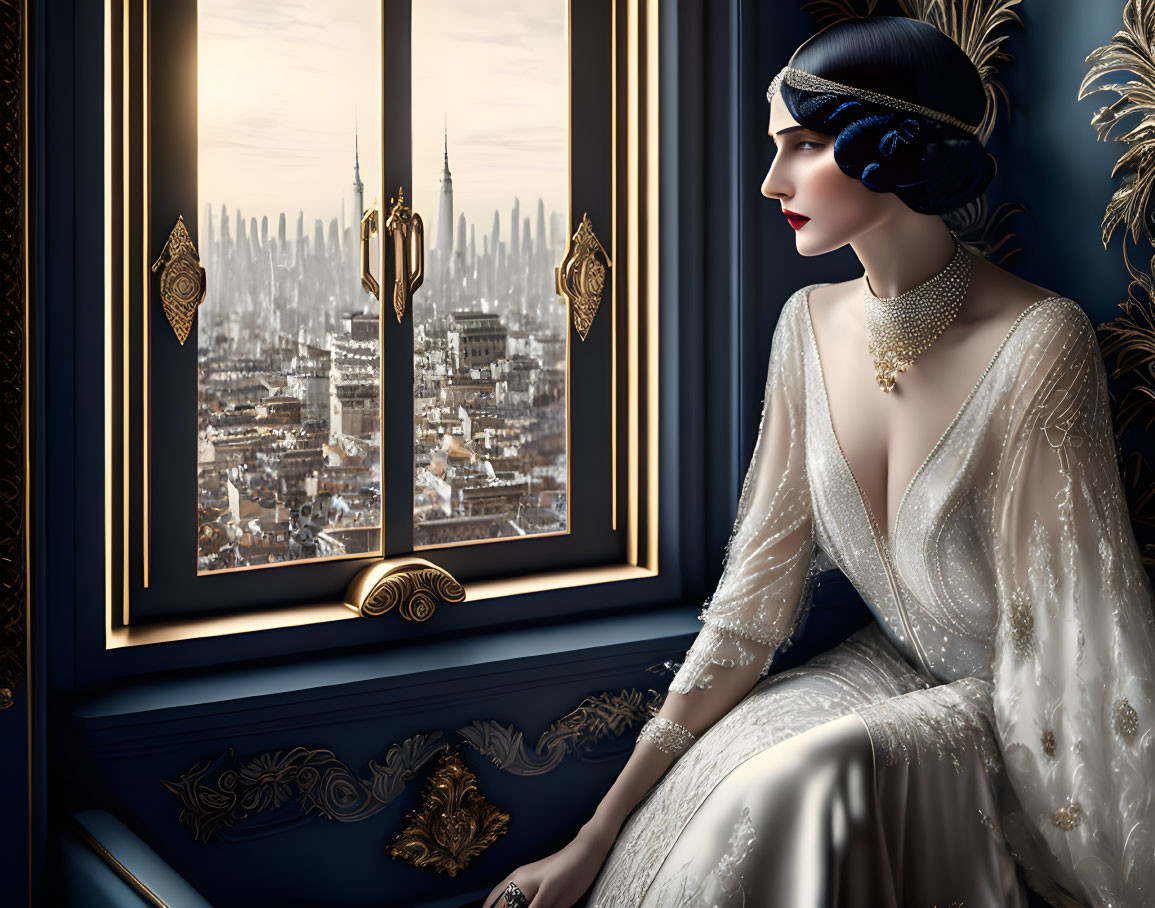 1920s Fashion Woman Looking out Luxurious Window at City Skyline