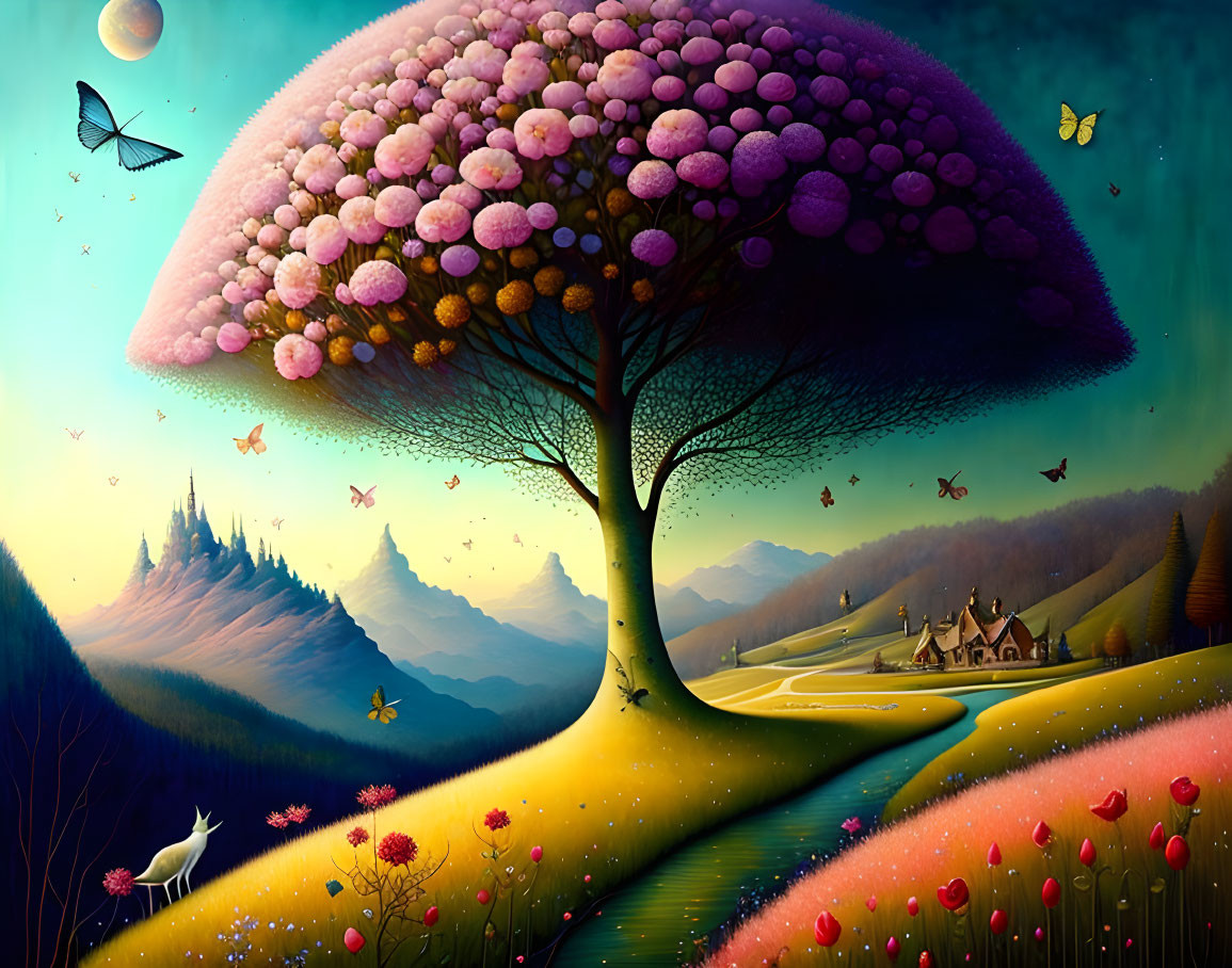 Vibrant pink tree in whimsical landscape with cottage, fox, and butterflies