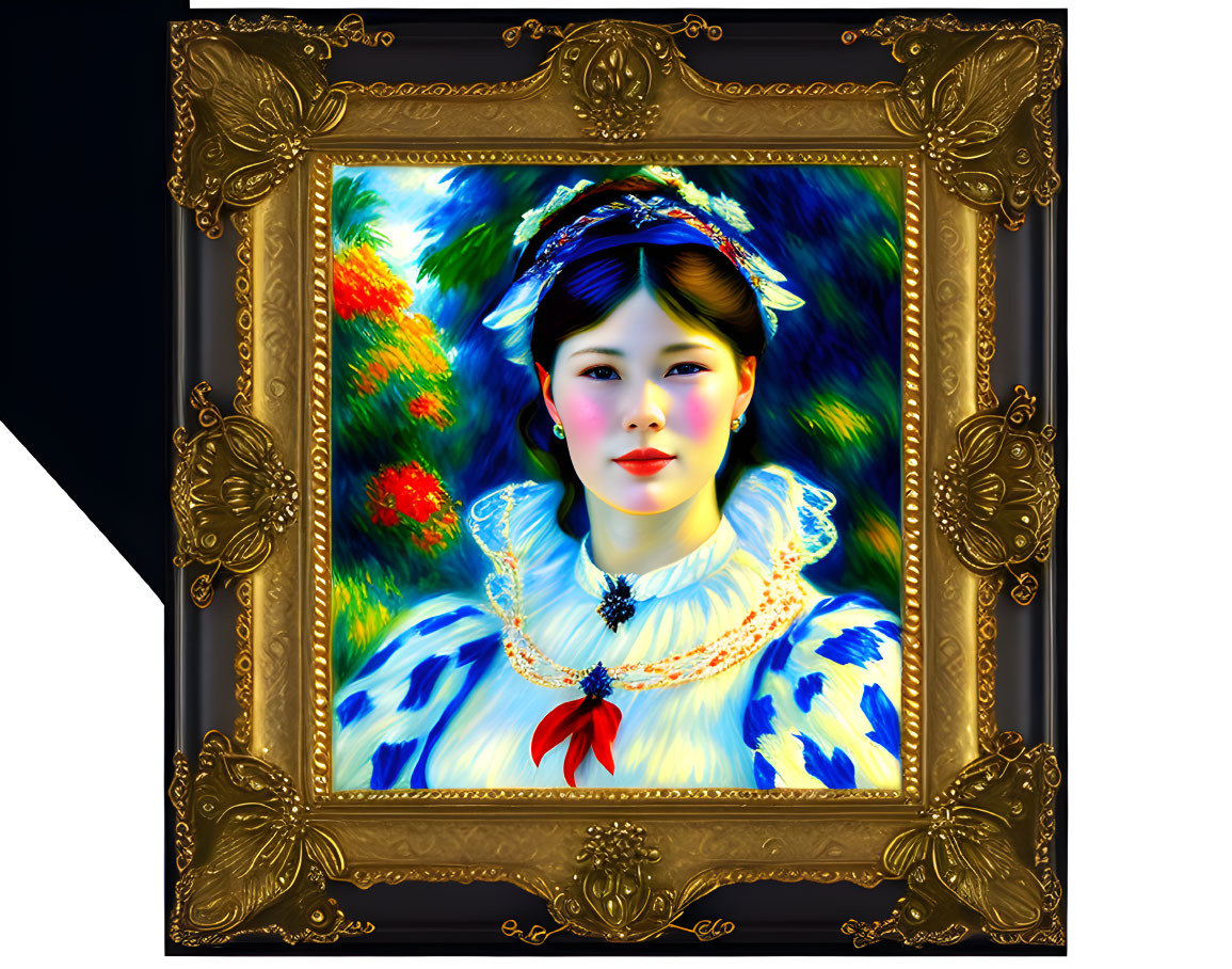 Elegant woman portrait in blue and white dress with pearls and red ribbon in ornate golden frame.