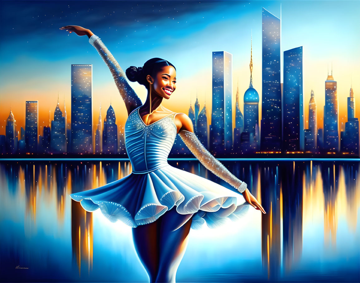 Ballerina posing by water with city skyline at twilight