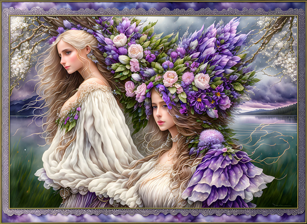 Two women with floral wreaths in a serene lakeside fantasy scene