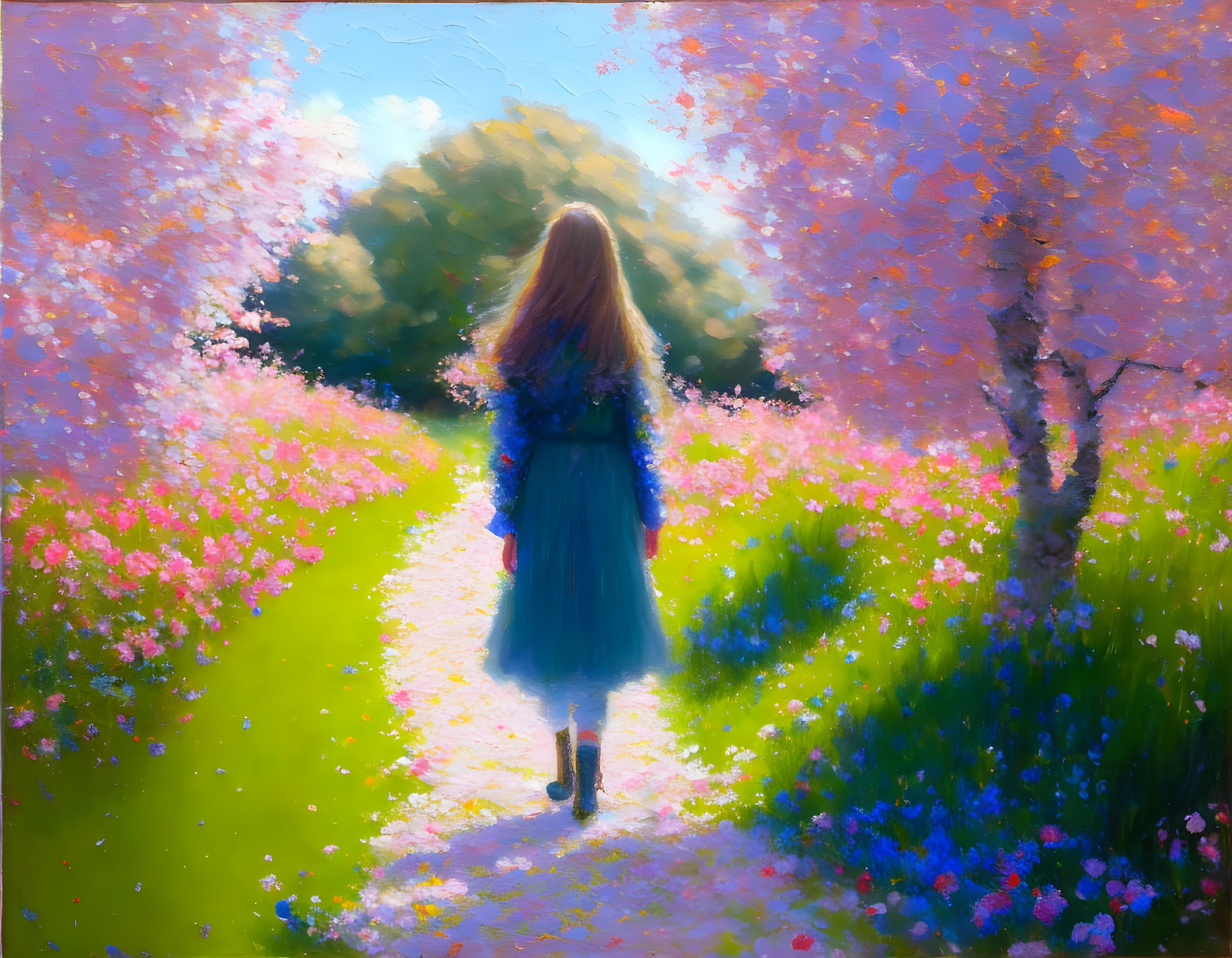 Long-haired person on flower-filled path under blooming trees facing light