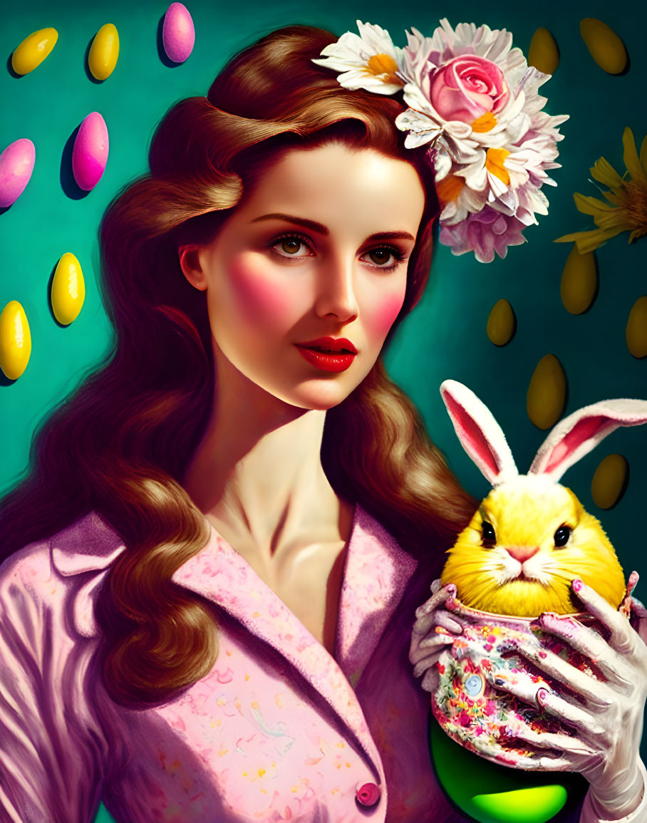 Illustration of woman with wavy hair holding bunny in vintage style