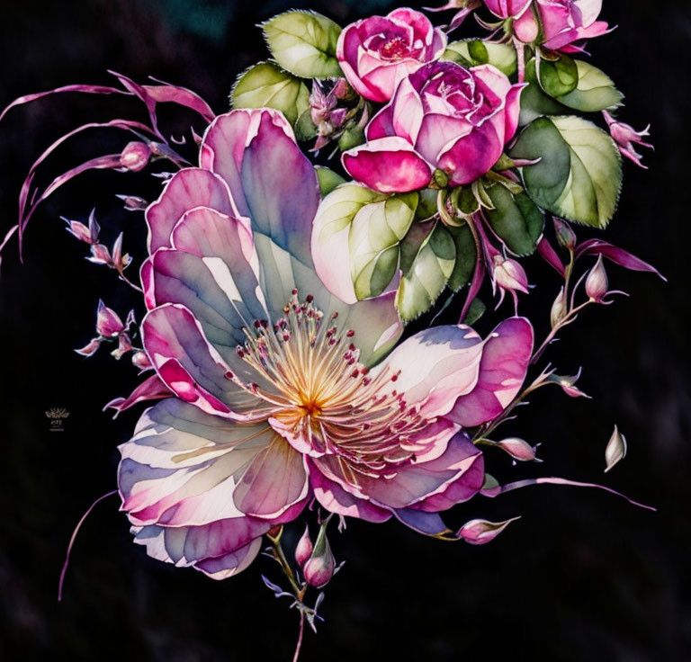 Colorful Watercolor Painting of Pink and Purple Flowers on Dark Background