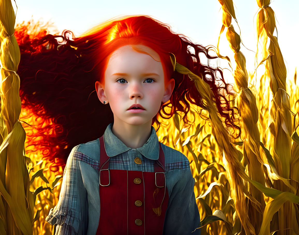 Young girl with bright red hair in golden cornfield under sun.