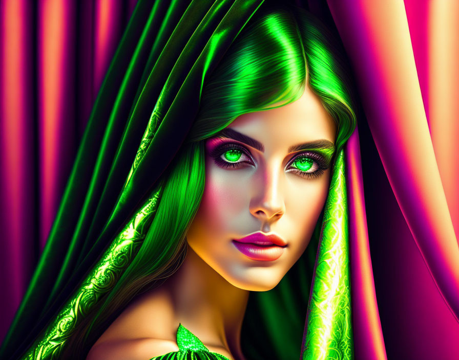 Vivid Green Hair Woman Portrait Against Magenta Drapery