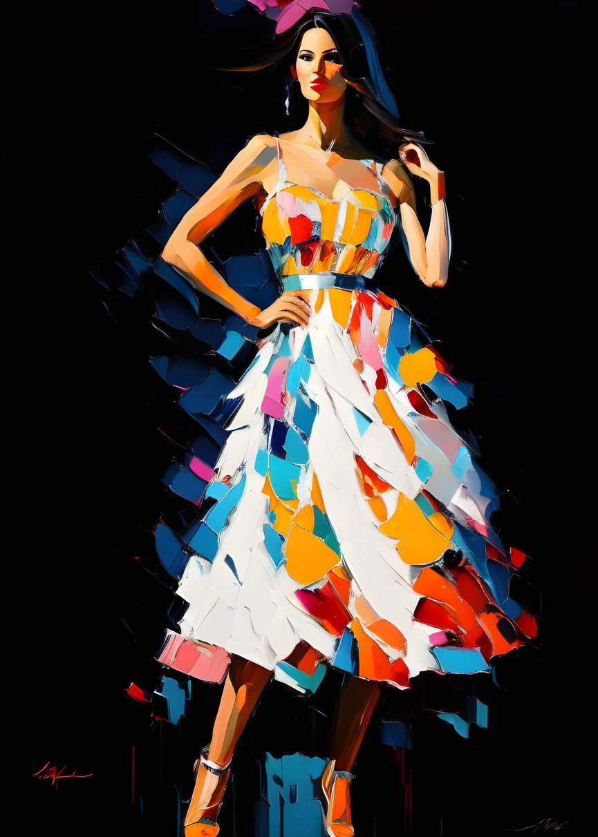 Colorful Abstract Painting of Confident Woman in Patterned Dress