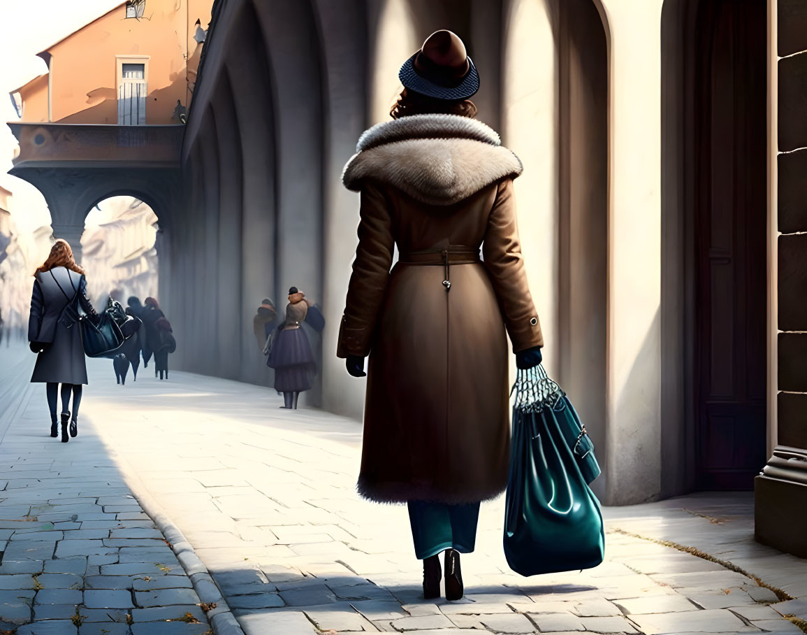 Stylish woman in winter coat and hat walking down European street with classical architecture, carrying blue bag