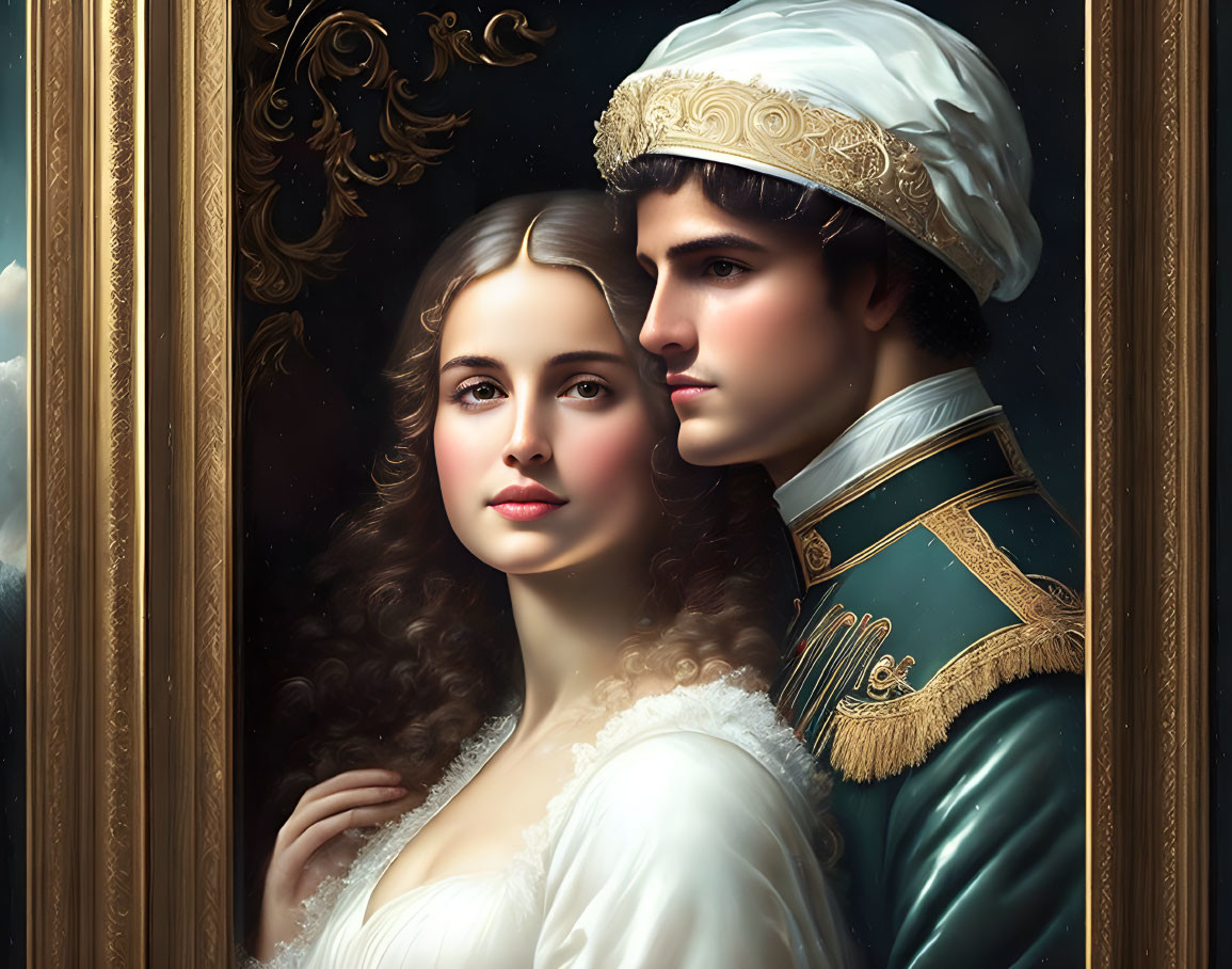 Regal woman and man in military attire portrait.