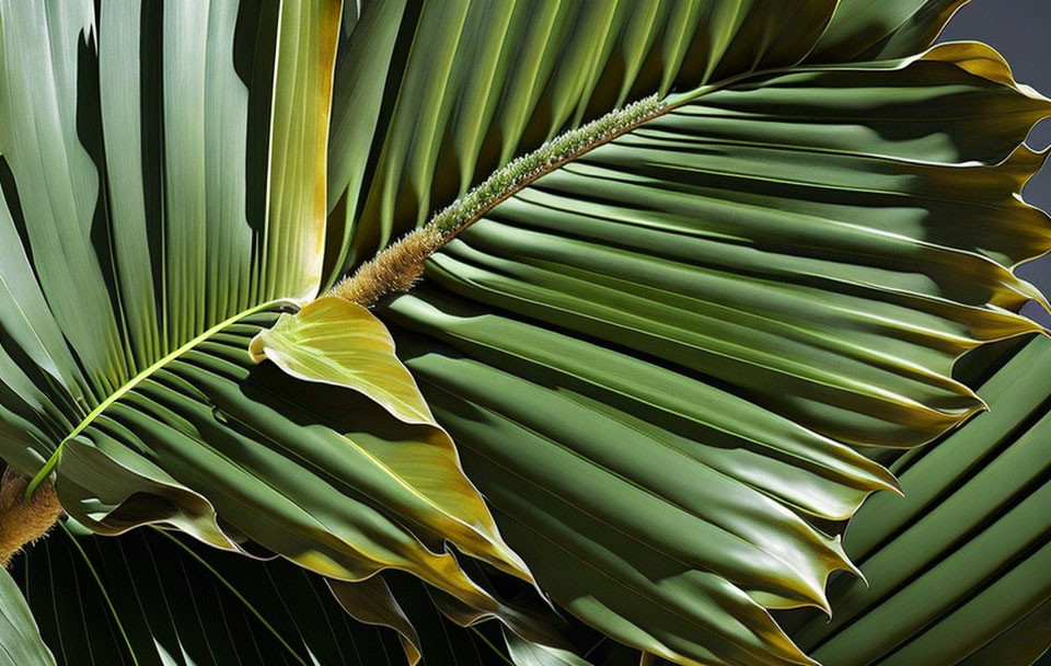 Detailed View of Vibrant Green Palm Leaf Patterns on Dark Background