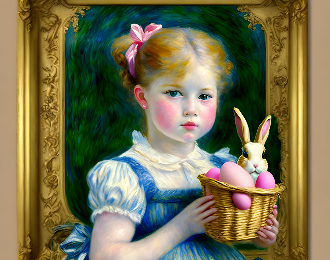 Traditional painting of young girl with Easter eggs and bunny in gold frame