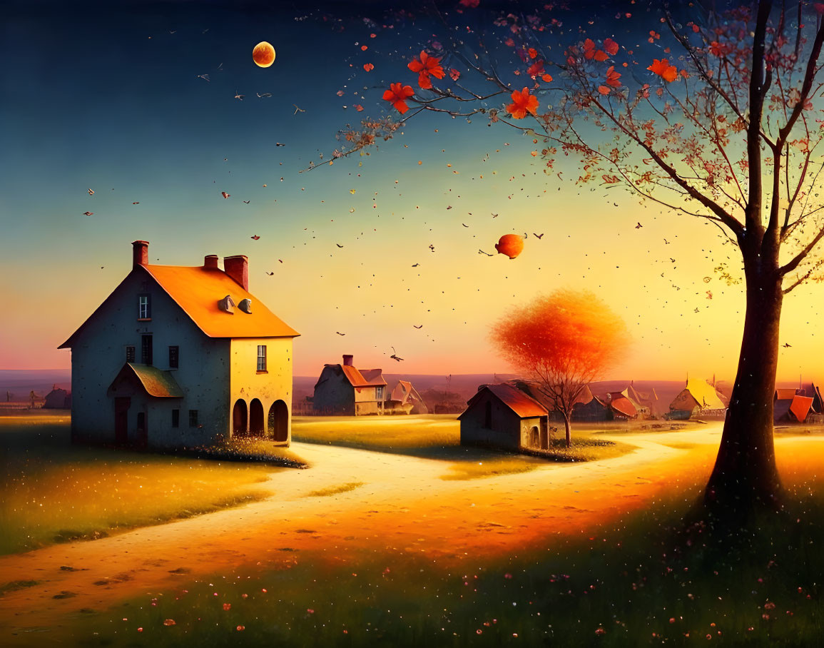 Tranquil rural sunset landscape with tree, falling leaves, path, and golden-lit houses