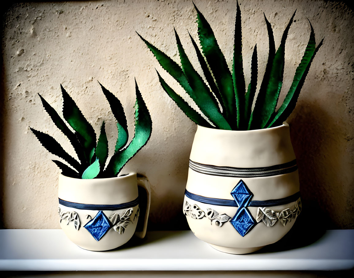 Decorative ceramic pots shaped like pants with aloe vera plants on a shelf against a textured wall