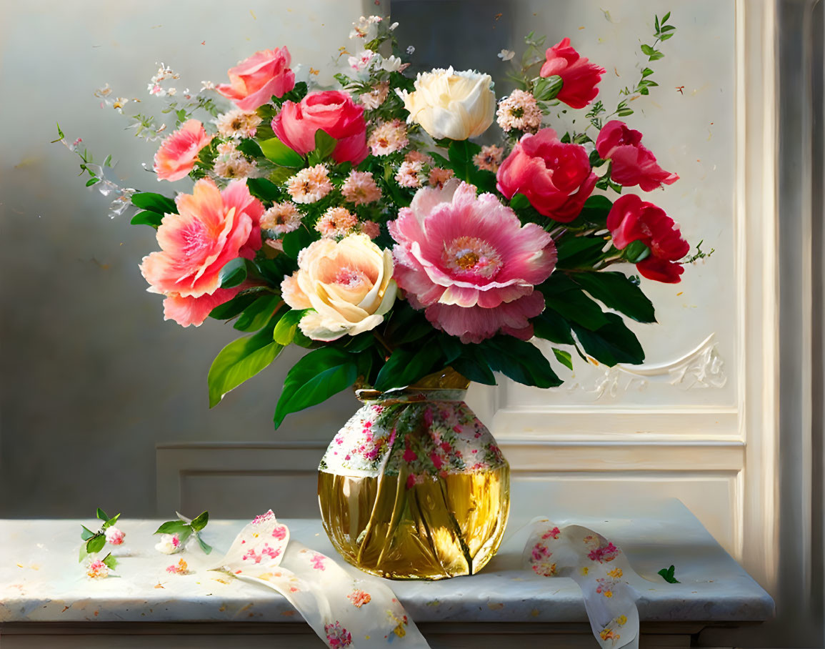 Pink and White Flowers in Gold Vase on Windowsill with Soft Shadows