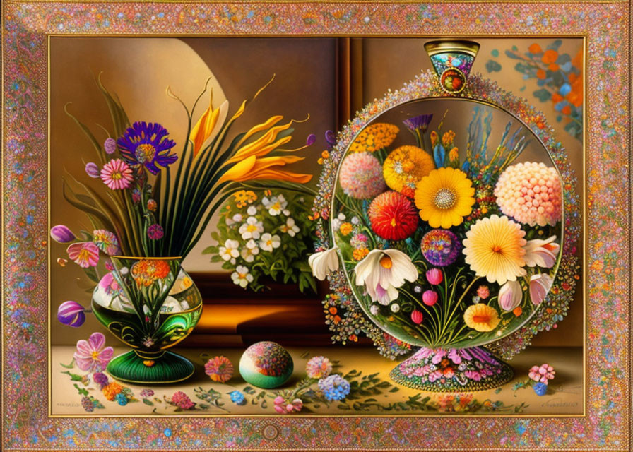 Colorful Still Life Painting with Diverse Flowers in Ornate Vases