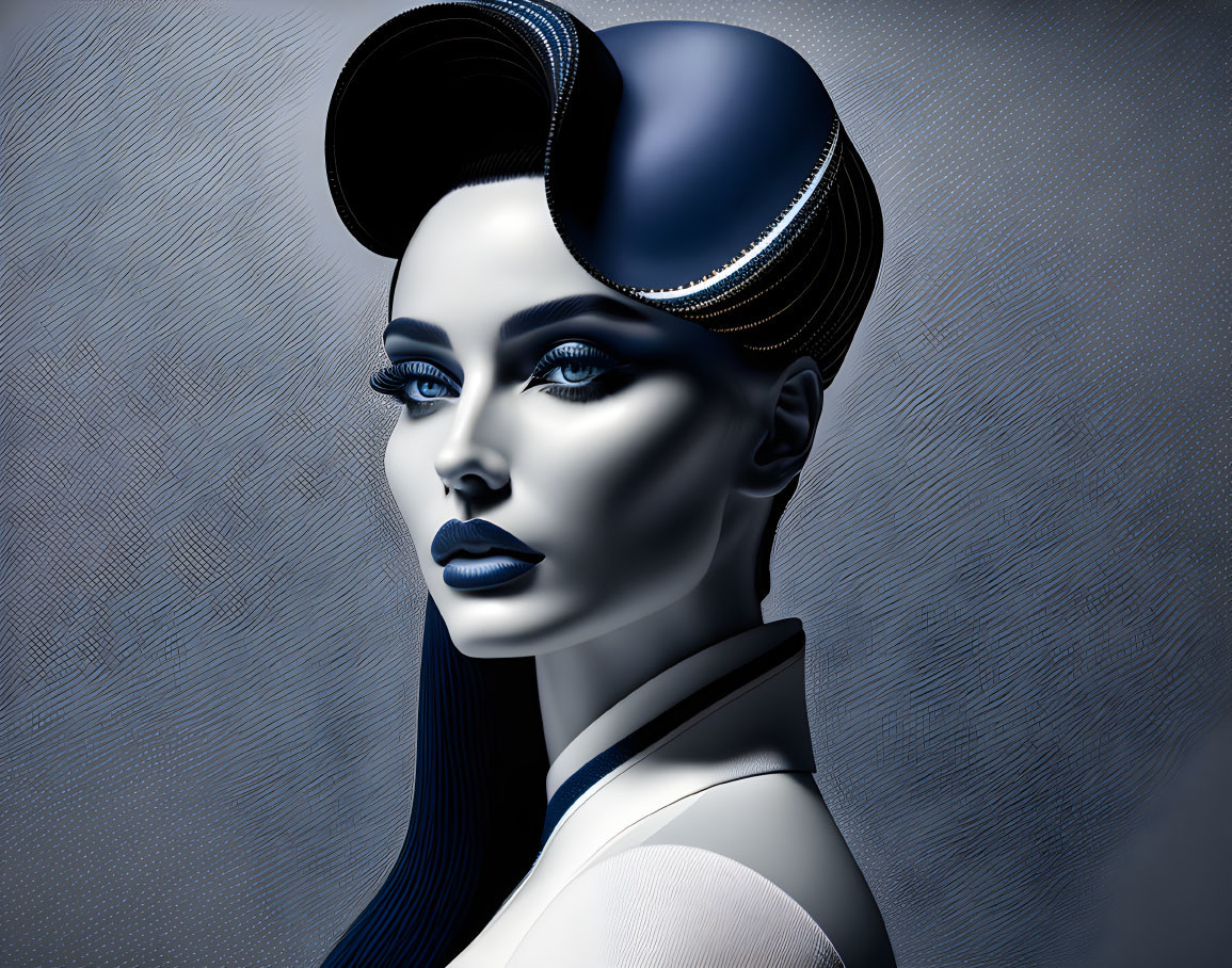 Futuristic female illustration with blue skin and bold eye makeup