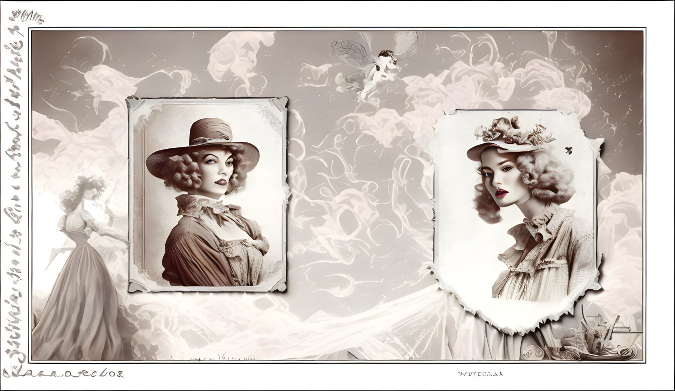 Vintage-Inspired Collage of Women in Elegant Hats and Dresses with Floral and Butterfly Motifs