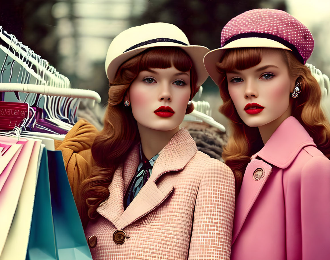 Stylish women in retro fashion with hats and coats shopping.