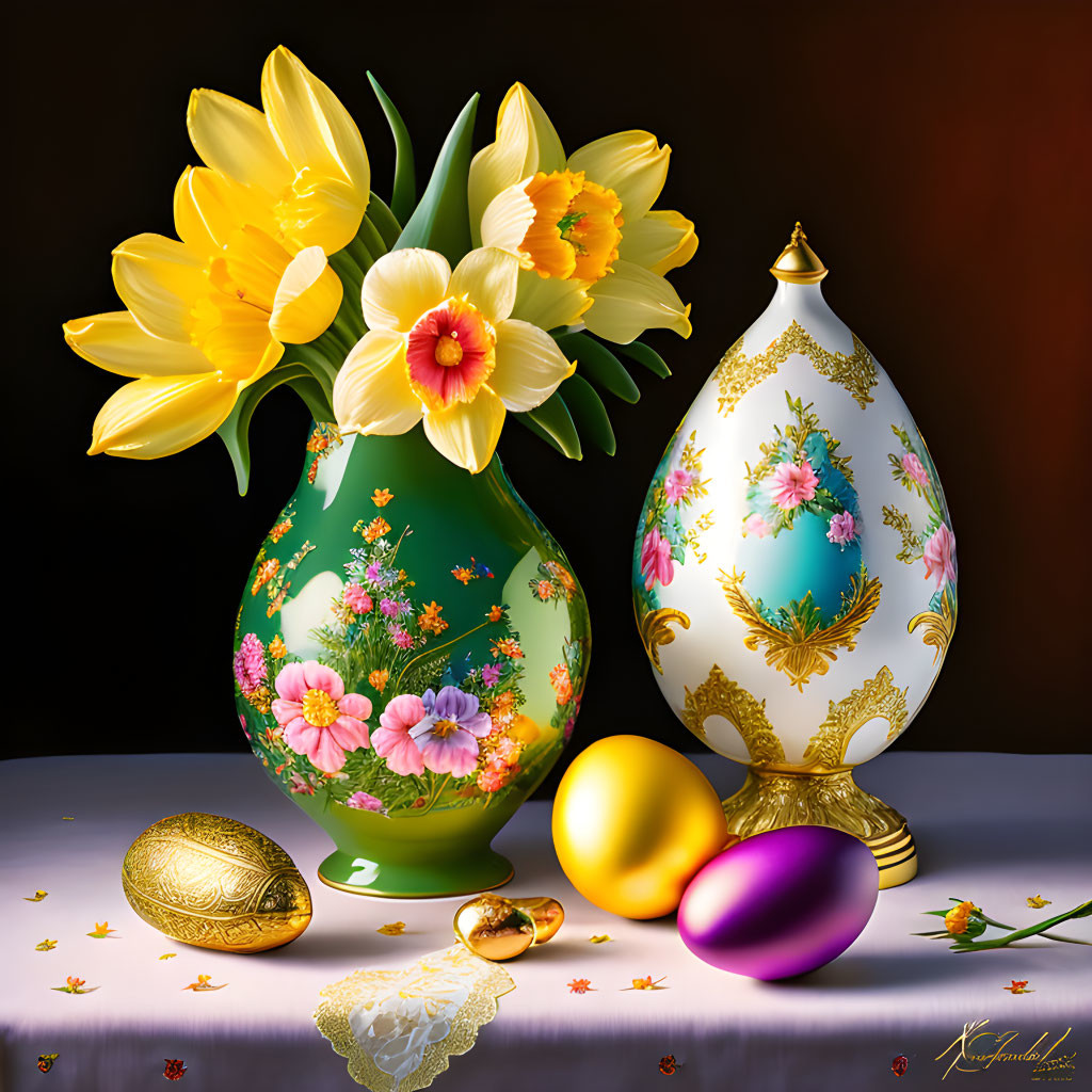 Green vase with yellow flowers, ornate egg, and colorful Easter eggs on table