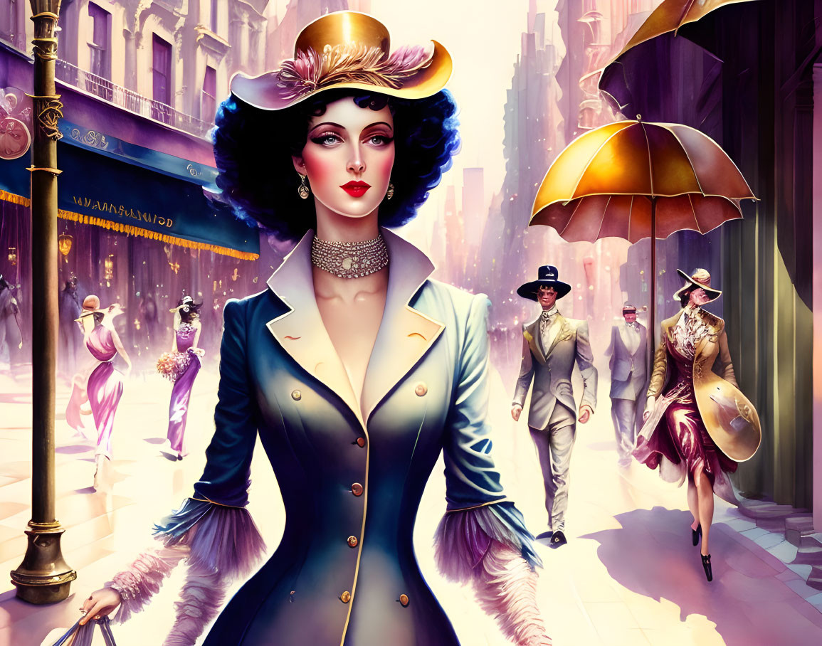 Vintage glamour illustration of a woman with umbrella in old cityscape