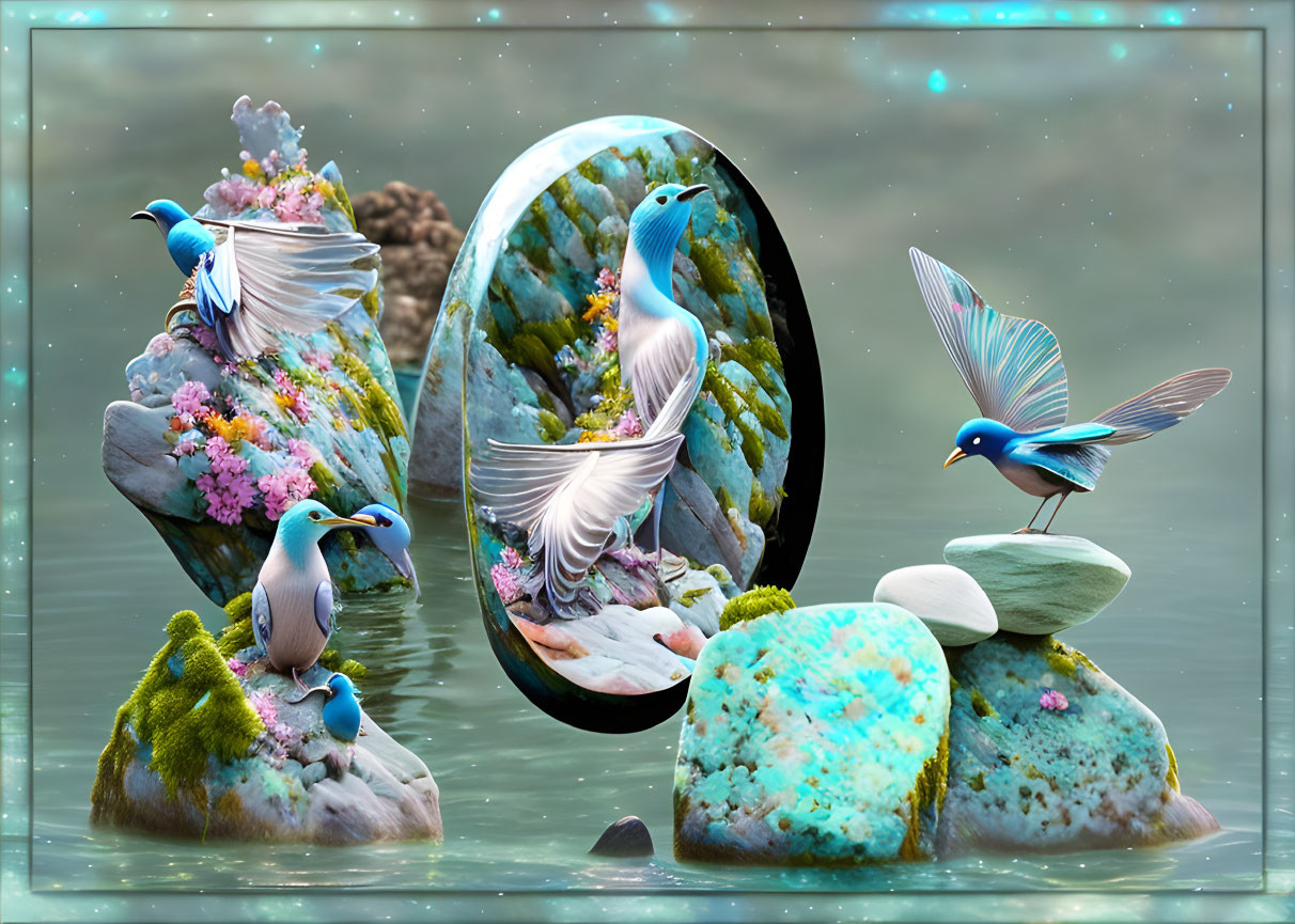 Fantasy artwork: Vibrant birds on flower stones mirrored in egg-shaped frame